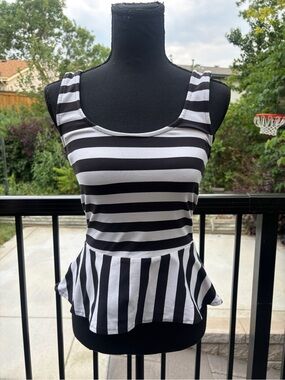 bebe Black and White Striped Peplum Tank